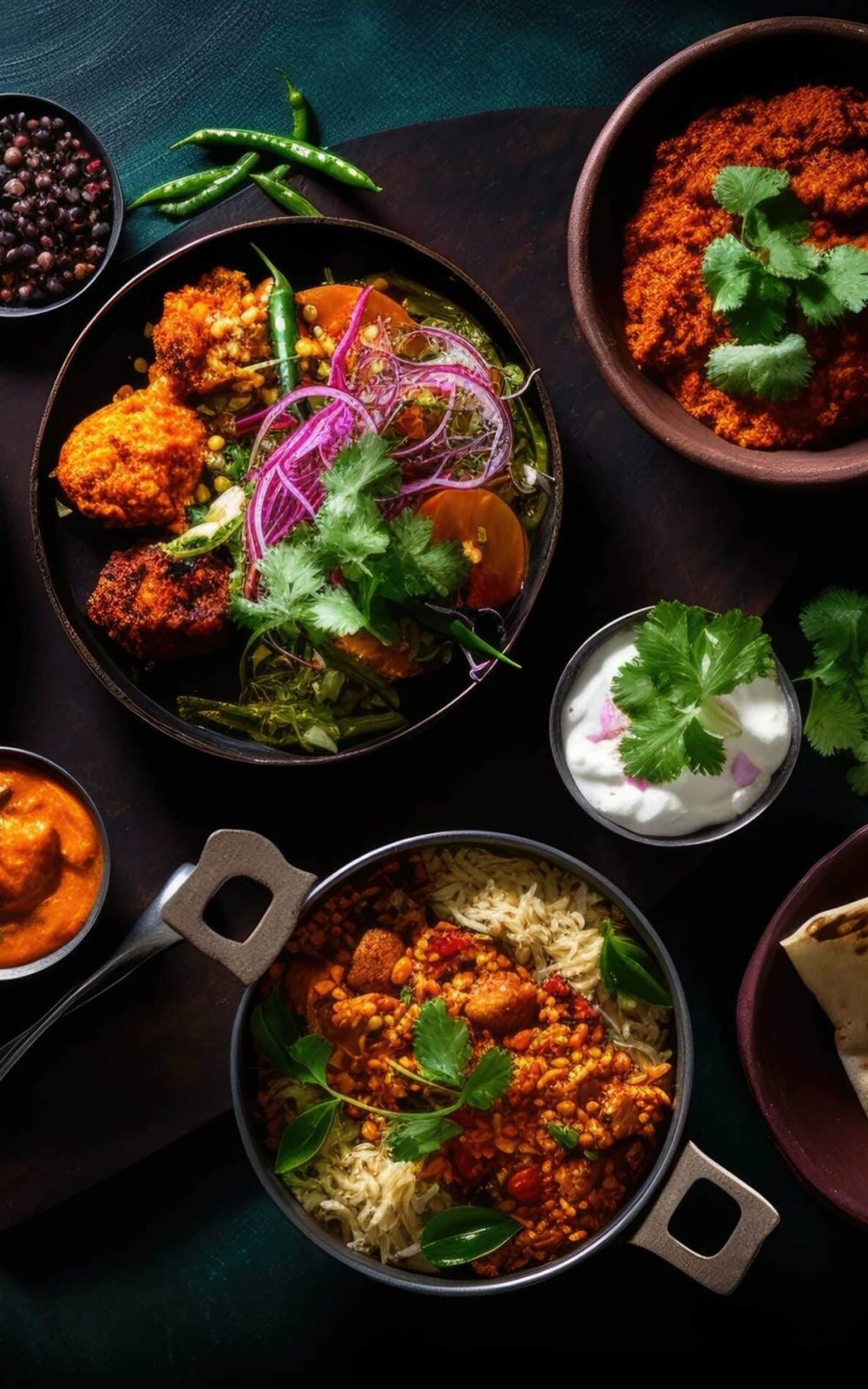 Bowls of indian food on dark table.
